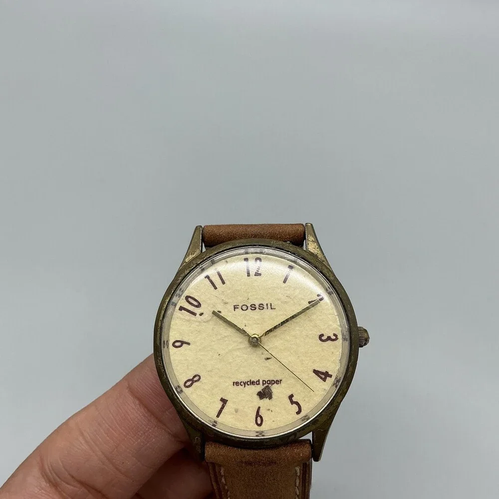 Fossil Unisex Watch 34mm Cream Recycled Paper Dial Brown Leather New Battery